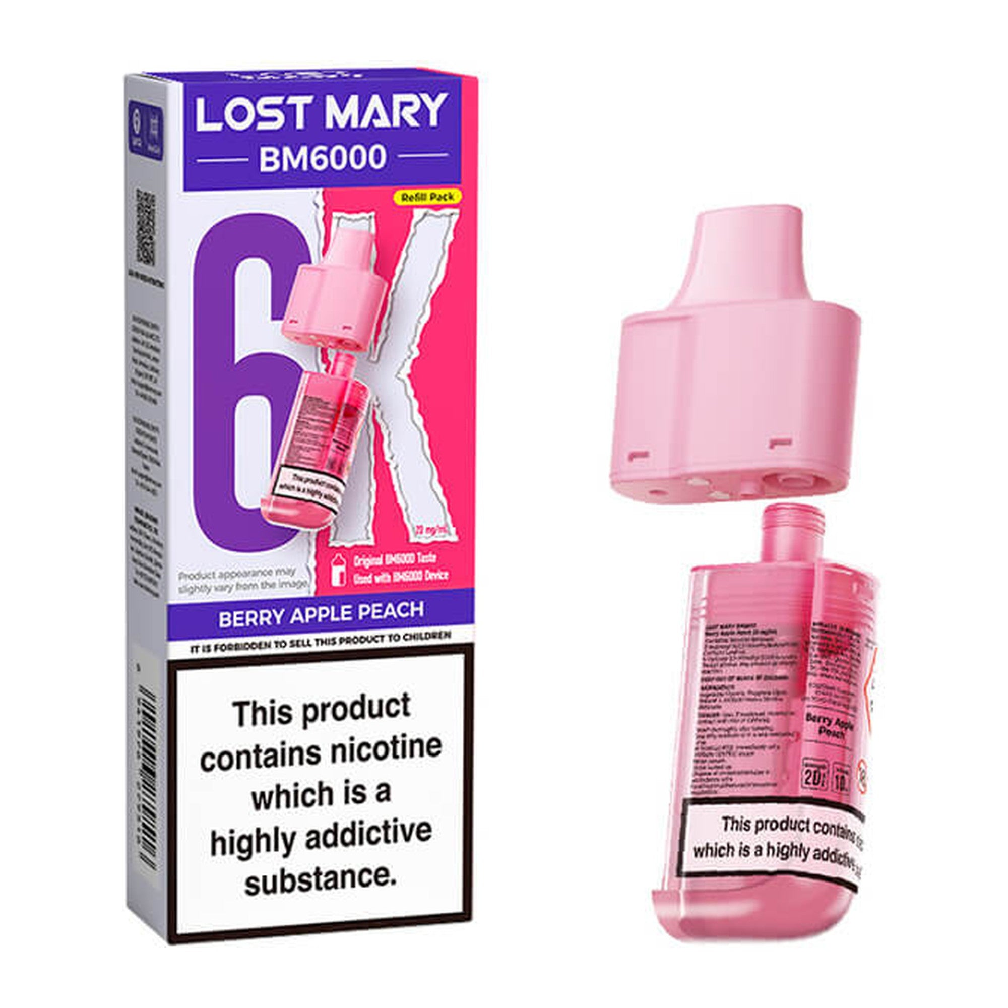 Lost Mary BM6000 Berry Apple Peach 20mg prefilled pod and 10ml refill, box and pod