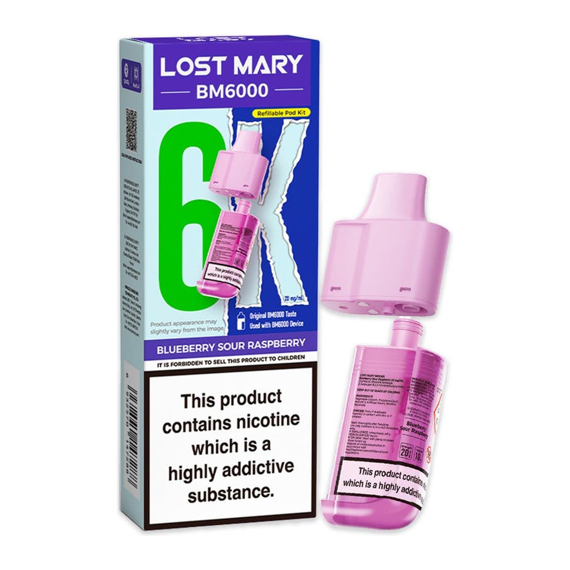 Lost Mary BM6000 Blue Sour Raspberry 20mg prefilled pod and 10ml refill, box and pod