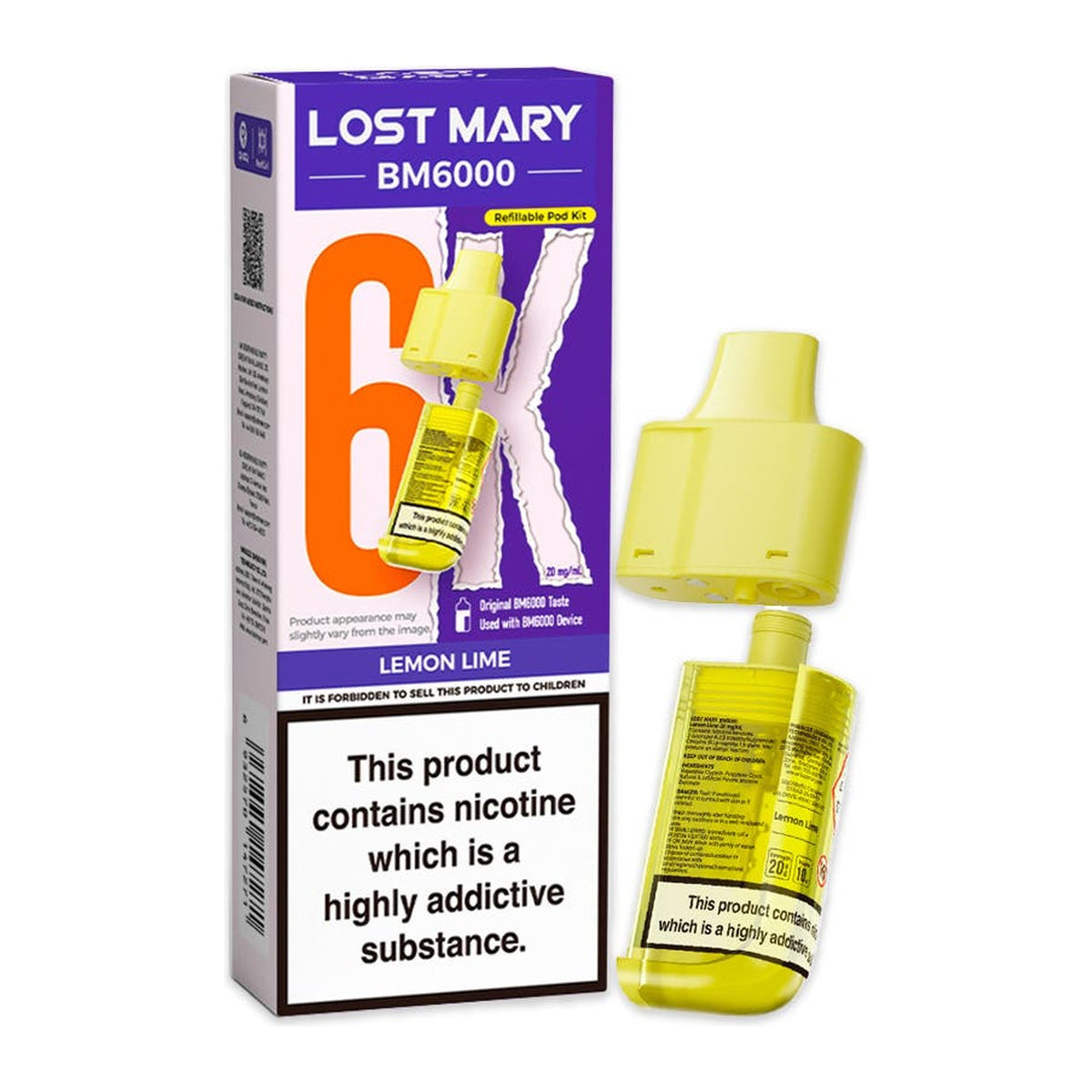Lost Mary BM6000 Lemon Lime 20mg prefilled pod and 10ml refill, box and pod