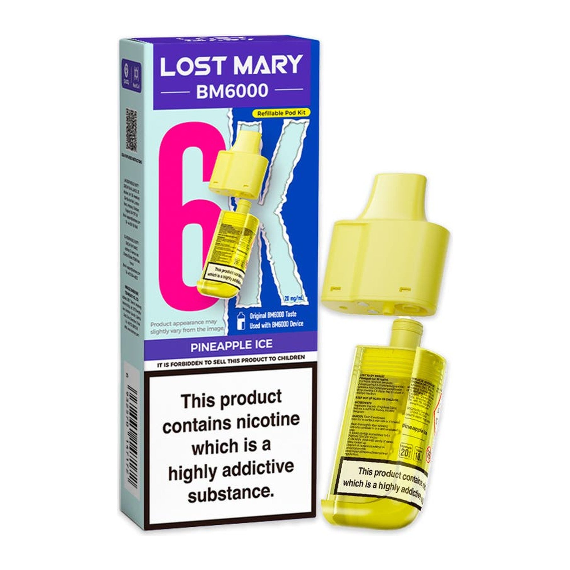 Lost Mary BM6000 Pineapple Ice 20mg prefilled pod and 10ml refill, box and pod