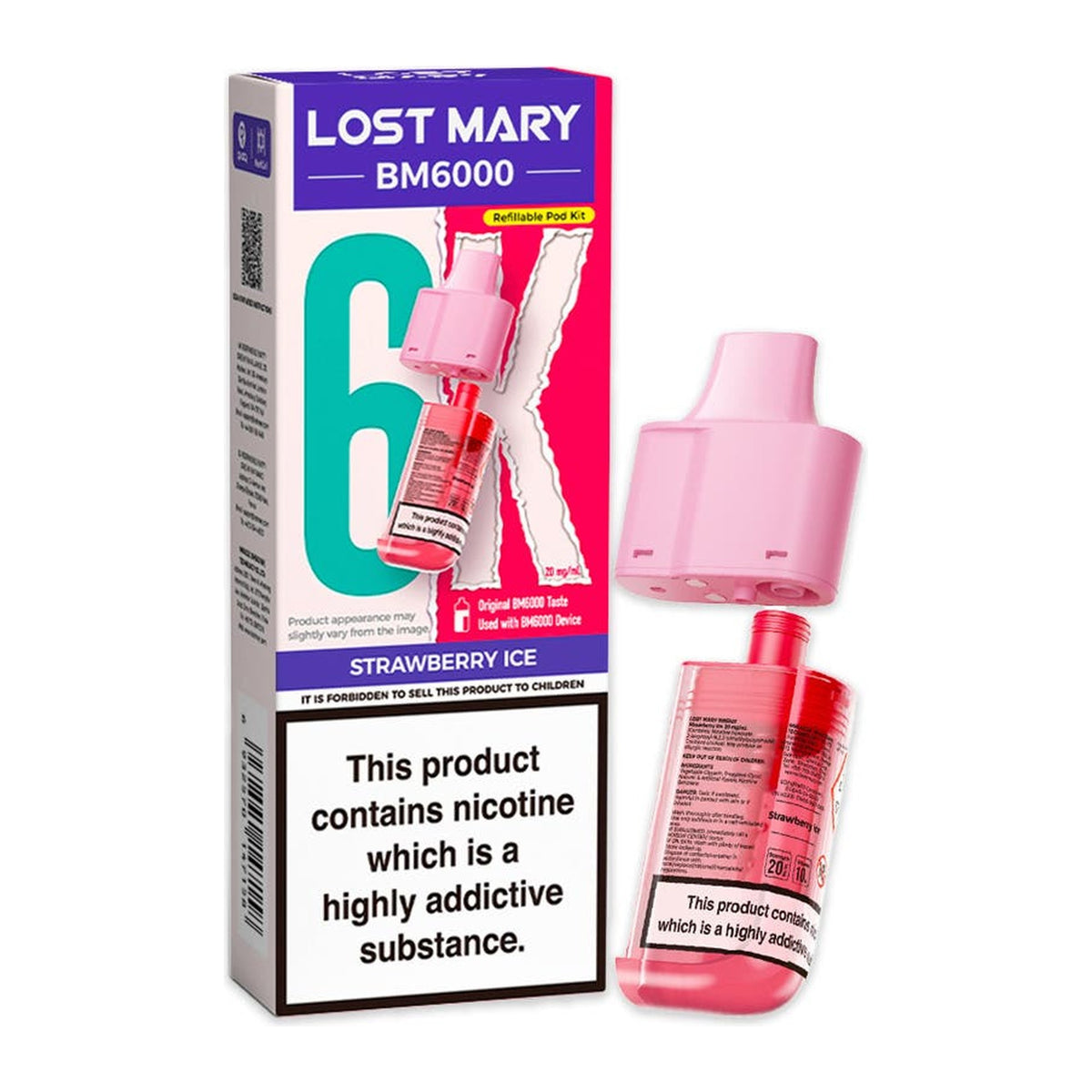 Lost Mary BM6000 Strawberry Ice 20mg prefilled pod and 10ml refill, box and pod