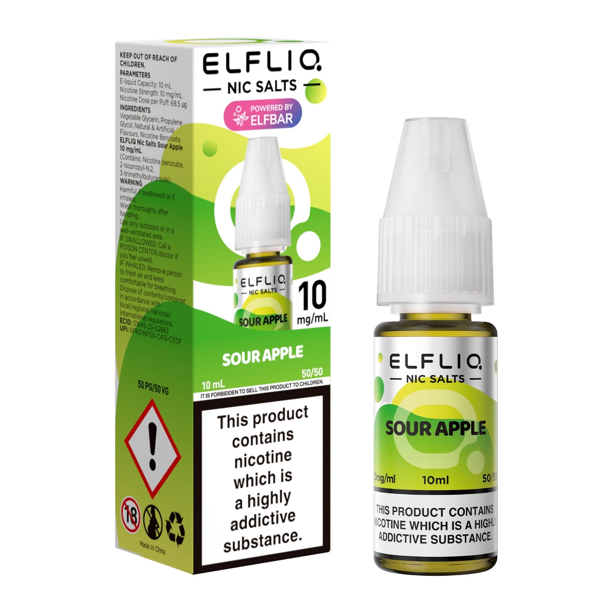 ELFLIQ by ELFBAR Nicotine Salt E-Liquid Sour Apple 10MG - Medium Nicotine 