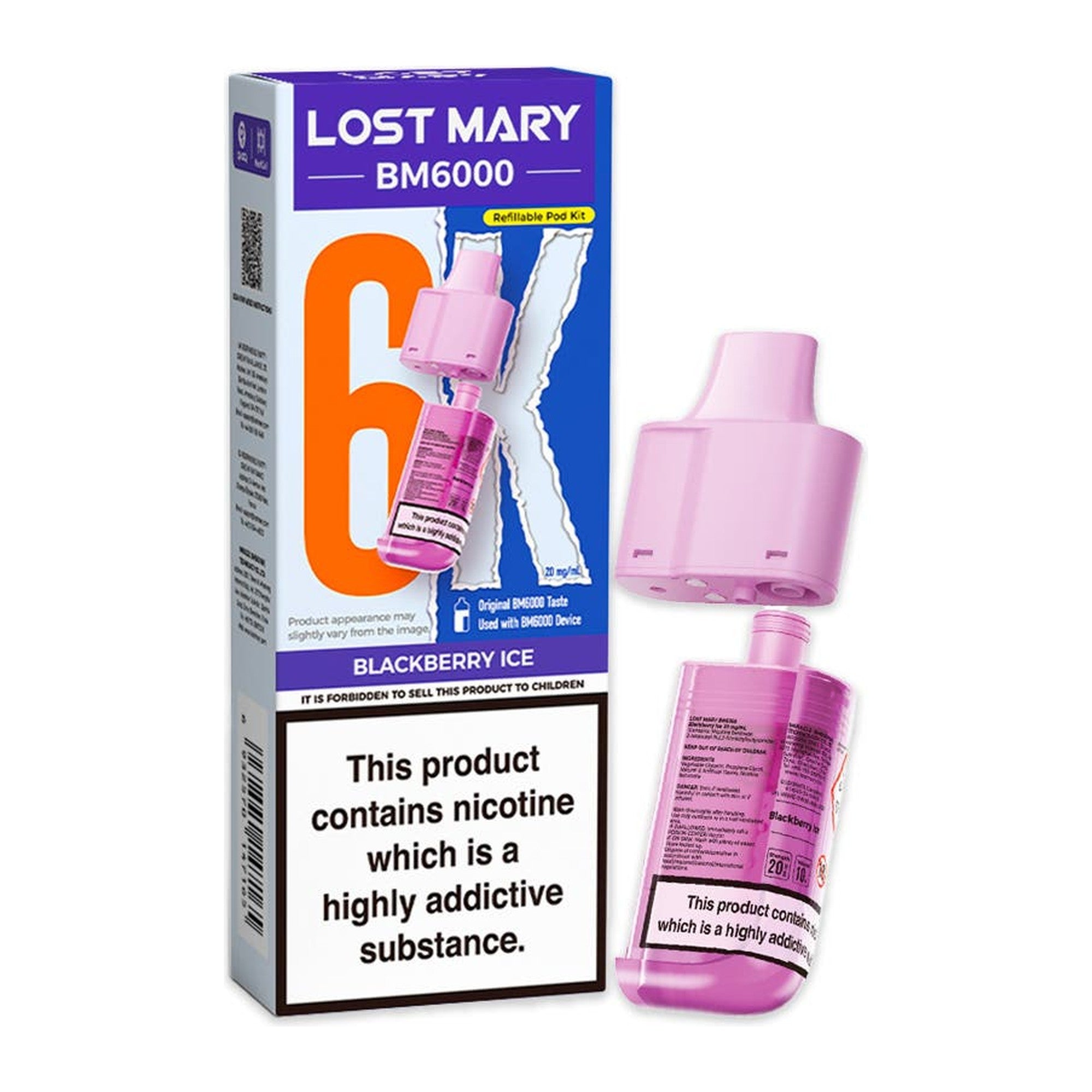 Lost Mary BM6000 Blackberry Ice 20mg prefilled pod and 10ml refill, box and pod