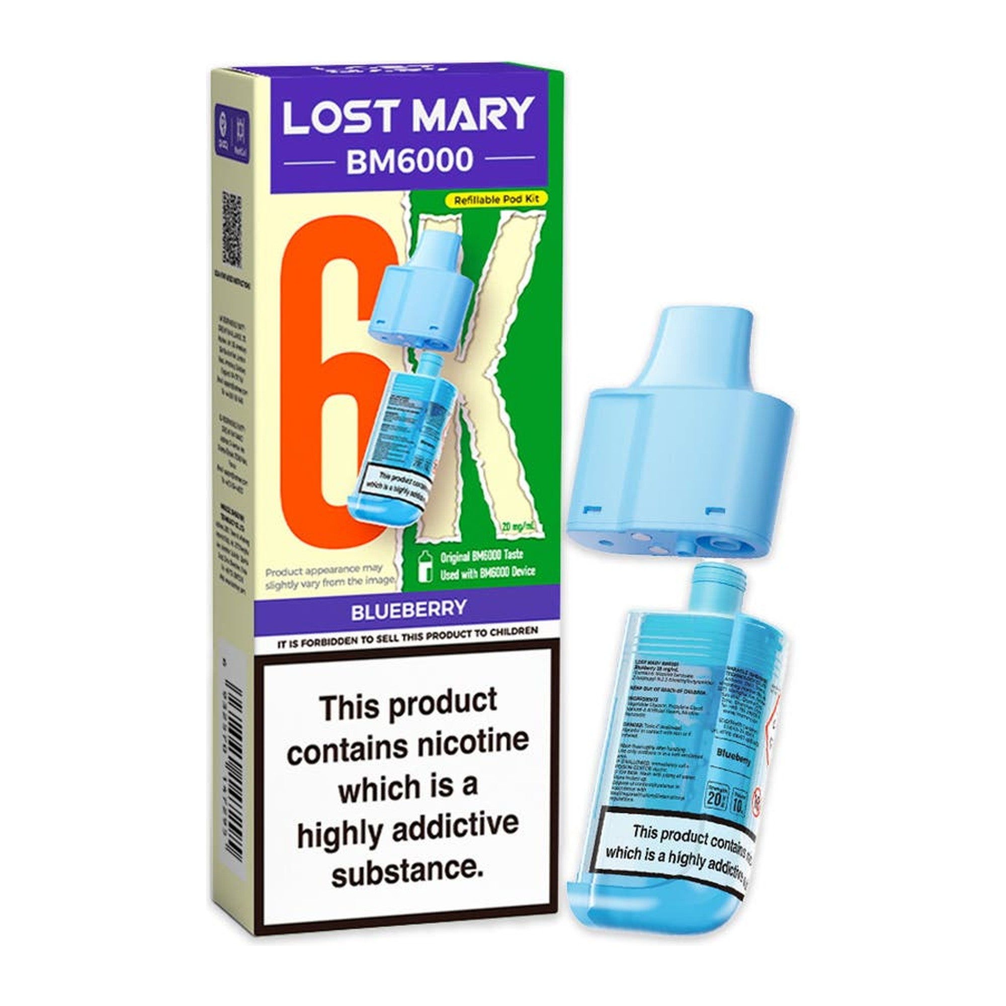 Lost Mary BM6000 Blueberry 20mg prefilled pod and 10ml refill, box and pod
