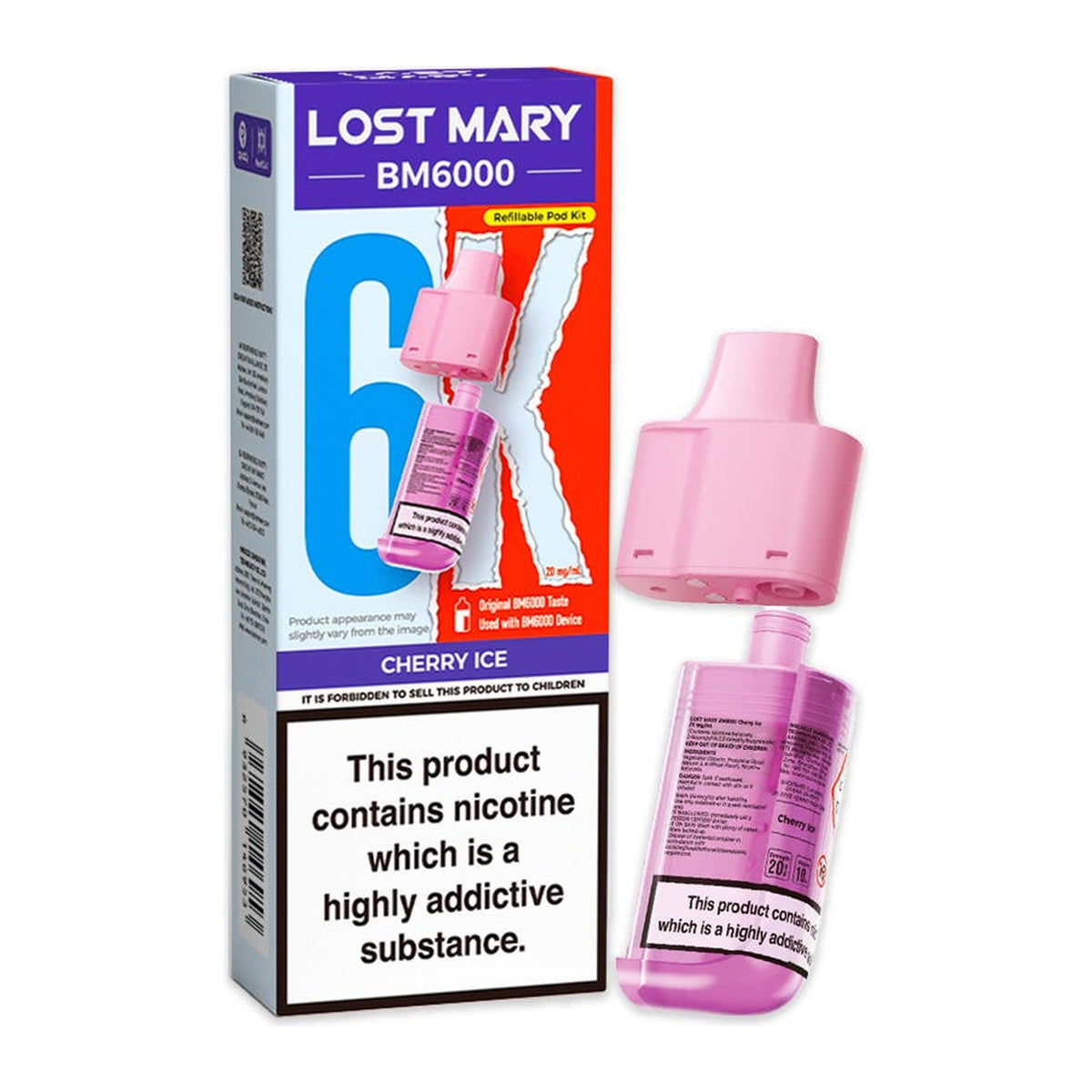 Lost Mary BM6000 Cherry Ice 20mg prefilled pod and 10ml refill, box and pod