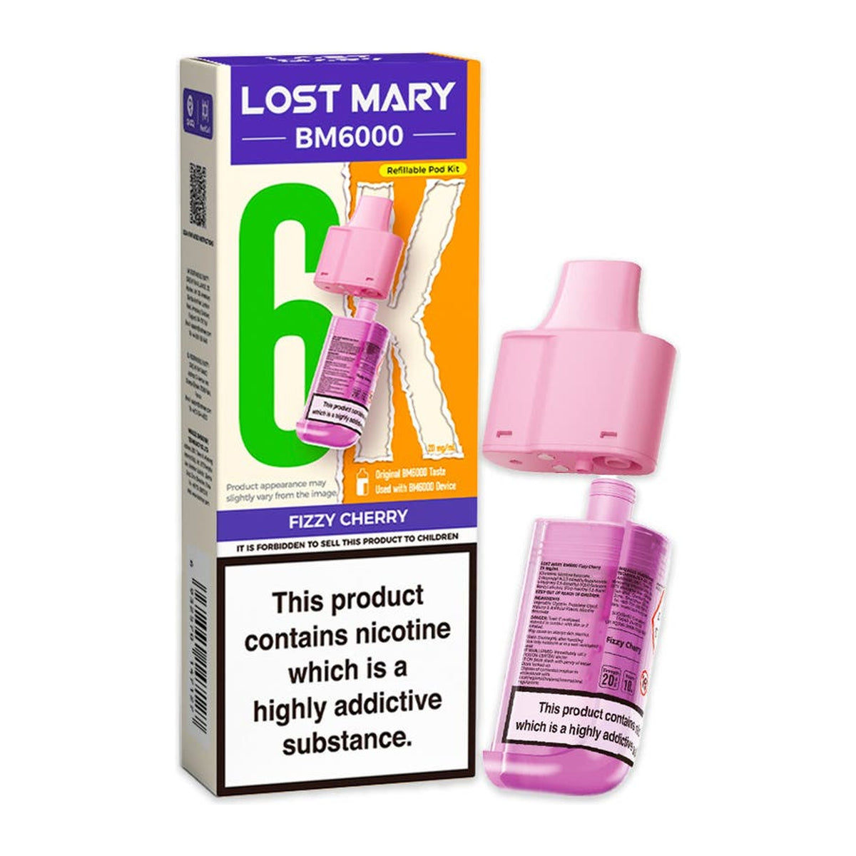 Lost Mary BM6000 Fizzy Cherry 20mg prefilled pod and 10ml refill, box and pod