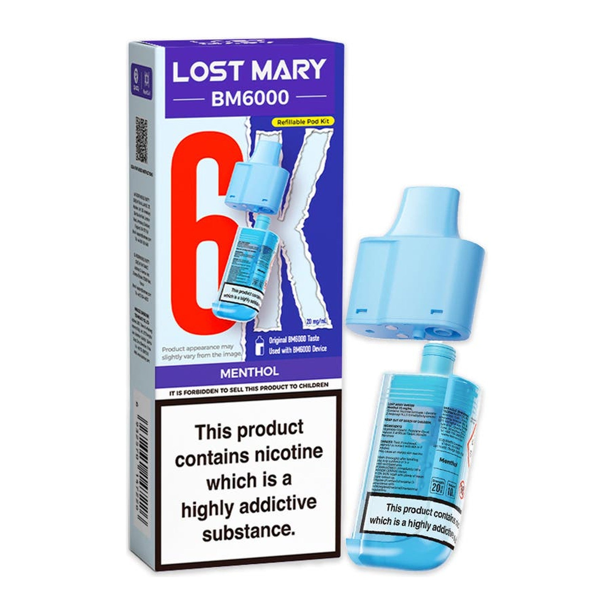 Lost Mary BM6000 Menthol 20mg prefilled pod and 10ml refill, box and pod