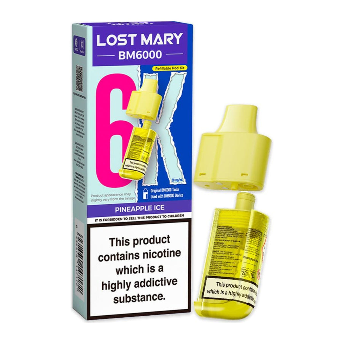 Lost Mary BM6000 Pineapple Ice 20mg prefilled pod and 10ml refill, box and pod
