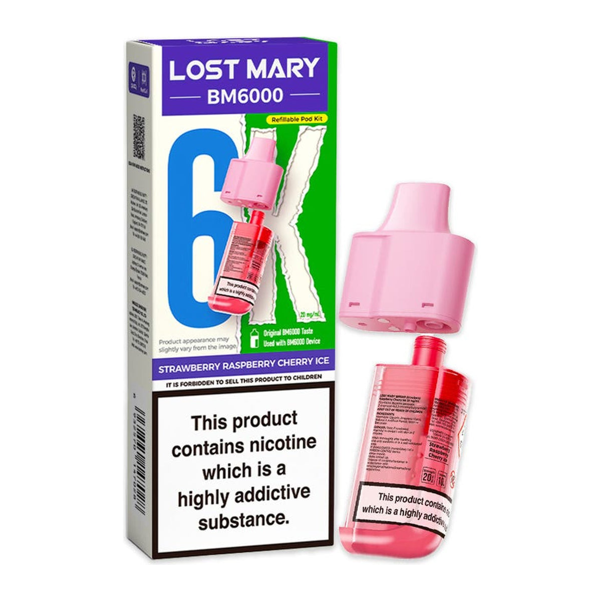 Lost Mary BM6000 Strawberry Raspberry Cherry Ice 20mg prefilled pod and 10ml refill, box and pod