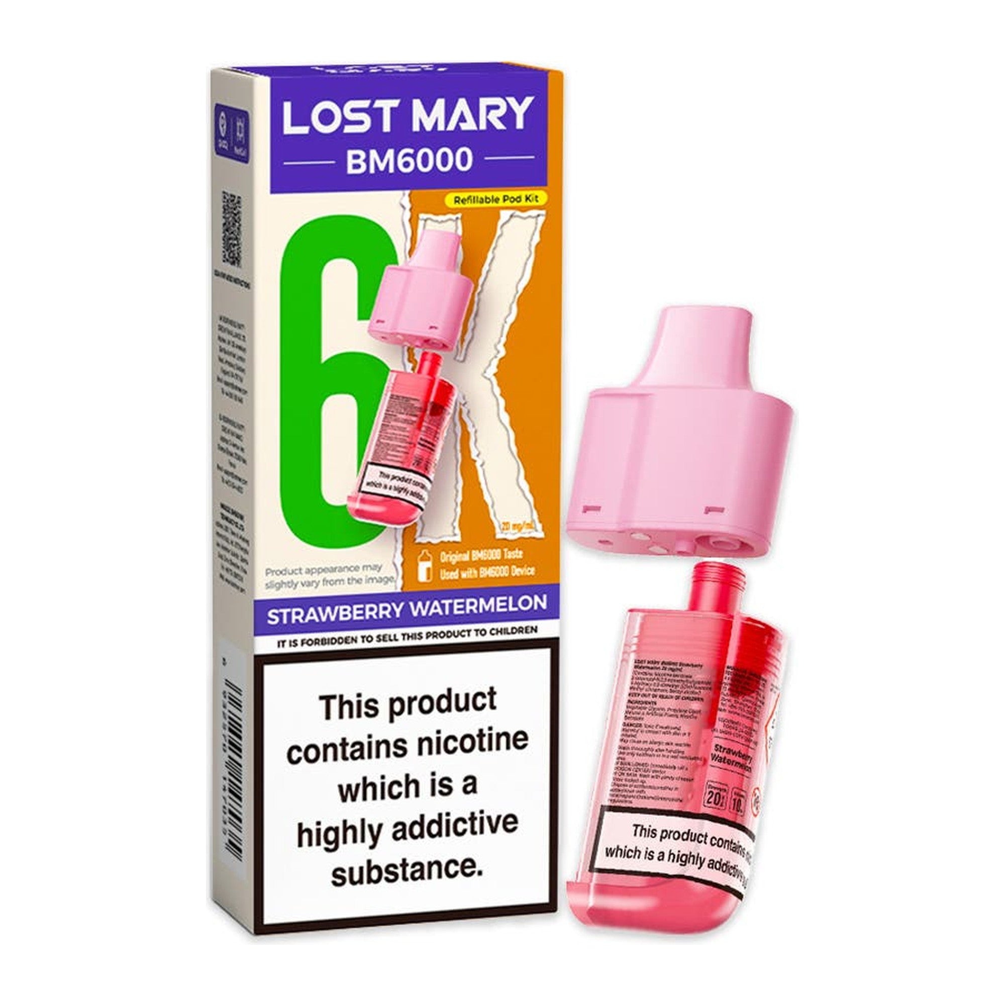 Lost Mary BM6000 Strawberry Watermelon 20mg prefilled pod and 10ml refill, box and pod