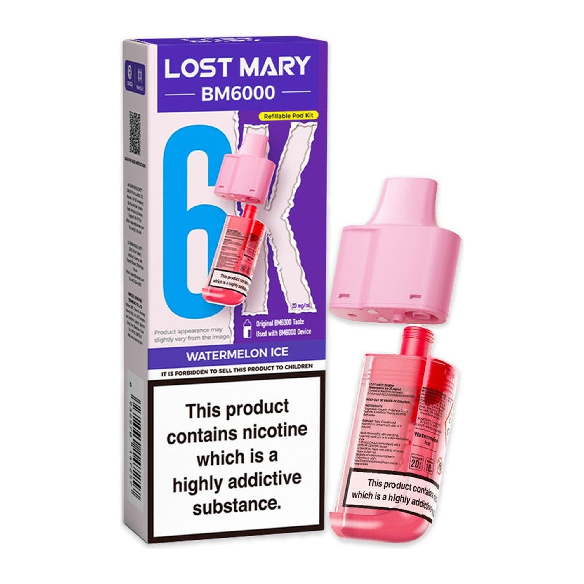 Lost Mary BM6000 Watermelon Ice 20mg prefilled pod and 10ml refill, box and pod